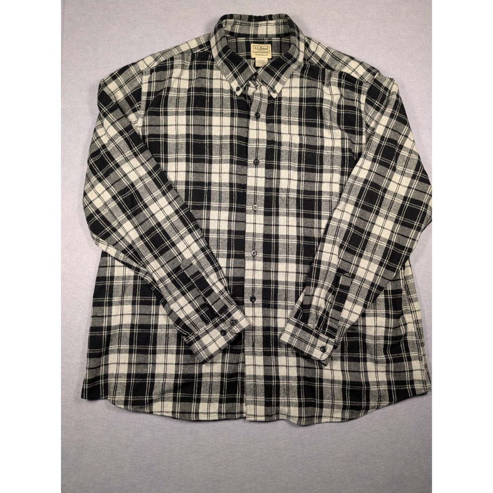 LL Bean Flannel Shirt Mens XL Black White Plaid Cotton Traditional Fit Excellent